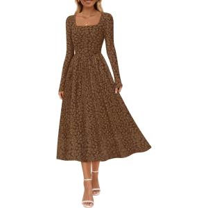 MEROKEETY Women’s Floral 2025 Fall Midi Dresses Long Sleeve Square Neck Flowy A Line Wedding Ruched Dress Pockets(Brown)