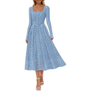 MEROKEETY Women’s Floral 2025 Fall Midi Dresses Long Sleeve Square Neck Flowy A Line Wedding Ruched Dress Pockets(Dusty Blue)