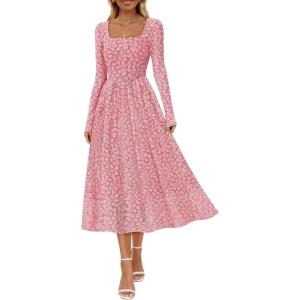 MEROKEETY Women’s Floral 2025 Fall Midi Dresses Long Sleeve Square Neck Flowy A Line Wedding Ruched Dress Pockets(Dusty Pink)