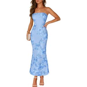 MEROKEETY Women’s Floral Strapless Maxi Dress 2026 Summer Mesh Tube Bodycon Formal Wedding Guest Cocktail Party Long Dresses(Blue)