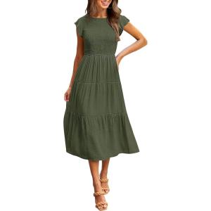 MEROKEETY Women’s Flutter Short Sleeve Smocked Midi Dress Summer Casual Tiered A-Line Dress(Armygreen)