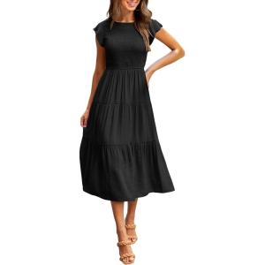 MEROKEETY Women’s Flutter Short Sleeve Smocked Midi Dress Summer Casual Tiered A-Line Dress(Black)