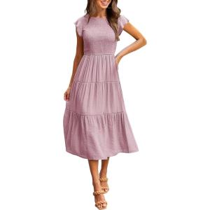 MEROKEETY Women’s Flutter Short Sleeve Smocked Midi Dress Summer Casual Tiered A-Line Dress(Darkpink)