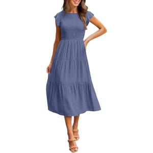 MEROKEETY Women’s Flutter Short Sleeve Smocked Midi Dress Summer Casual Tiered A-Line Dress(Dustyblue)