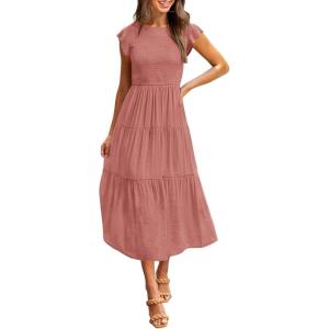 MEROKEETY Women’s Flutter Short Sleeve Smocked Midi Dress Summer Casual Tiered A-Line Dress(Dustypink)