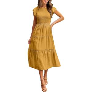 MEROKEETY Women’s Flutter Short Sleeve Smocked Midi Dress Summer Casual Tiered A-Line Dress(Ginger)