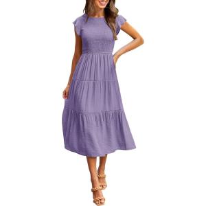 MEROKEETY Women’s Flutter Short Sleeve Smocked Midi Dress Summer Casual Tiered A-Line Dress(Purple)