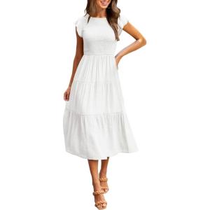 MEROKEETY Women’s Flutter Short Sleeve Smocked Midi Dress Summer Casual Tiered A-Line Dress(White)