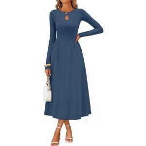 MEROKEETY Women’s Long Sleeve Flowy A Line Dresses 2025 Fall Fashion Elegant Cutout Wedding Guest Midi Maxi Dress(Navy)