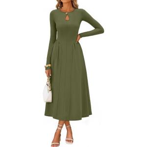 MEROKEETY Women’s Long Sleeve Flowy A Line Dresses 2025 Fall Fashion Elegant Cutout Wedding Guest Midi Maxi Dress(Olive)