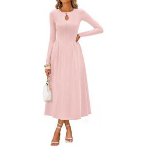 MEROKEETY Women’s Long Sleeve Flowy A Line Dresses 2025 Fall Fashion Elegant Cutout Wedding Guest Midi Maxi Dress(Pink)