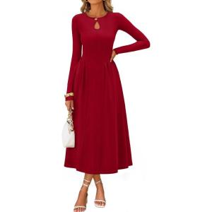 MEROKEETY Women’s Long Sleeve Flowy A Line Dresses 2025 Fall Fashion Elegant Cutout Wedding Guest Midi Maxi Dress(Wine Red)