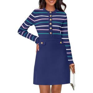 MEROKEETY Women’s Long Sleeve Striped Sweater Dress Button Crewneck Fall Bodycon Formal Mini Dresses(Darkblue)