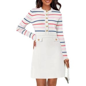 MEROKEETY Women’s Long Sleeve Striped Sweater Dress Button Crewneck Fall Bodycon Formal Mini Dresses(Ivory)