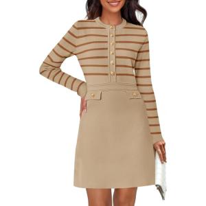 MEROKEETY Women’s Long Sleeve Striped Sweater Dress Button Crewneck Fall Bodycon Formal Mini Dresses(Khaki)