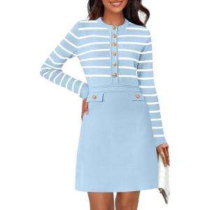 MEROKEETY Women’s Long Sleeve Striped Sweater Dress Button Crewneck Fall Bodycon Formal Mini Dresses(Light Blue)
