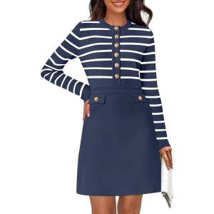 MEROKEETY Women’s Long Sleeve Striped Sweater Dress Button Crewneck Fall Bodycon Formal Mini Dresses(Navy)