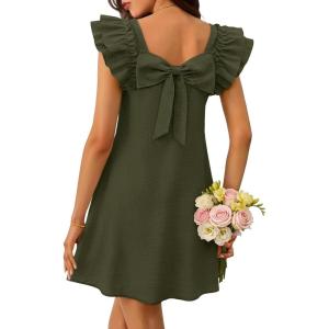 MEROKEETY Women’s Spring Ruffle Sleeve Bow Mini Dress 2026 Summer Square Neck Casual Cute Shift Sundress Pockets(Army)