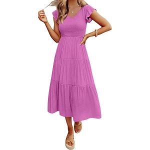 MEROKEETY Women’s Summer 2026 Casual Midi Dress Flutter Sleeve V Neck Smocked Tiered Beach Vacation Dresses(Magenta)
