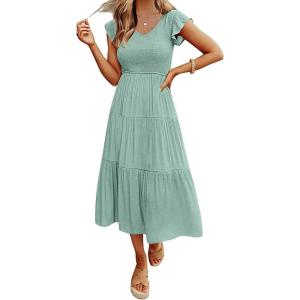 MEROKEETY Women’s Summer 2026 Casual Midi Dress Flutter Sleeve V Neck Smocked Tiered Beach Vacation Dresses(Sage)