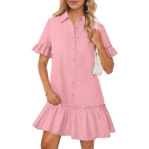 MEROKEETY Women’s Summer Button Down Shirt Dress Casual Ruffle Sleeve Shift Mini Dresses with Pockets(Pink)