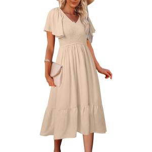 MEROKEETY Women’s Summer Casual V Neck Ruffle Sleeve Smocked High Waist Midi Dress with Pockets(Almond)