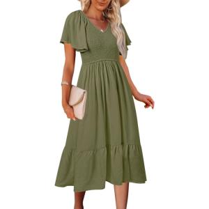 MEROKEETY Women’s Summer Casual V Neck Ruffle Sleeve Smocked High Waist Midi Dress with Pockets(Armygreen)