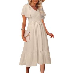 MEROKEETY Women’s Summer Casual V Neck Ruffle Sleeve Smocked High Waist Midi Dress with Pockets(Beige)