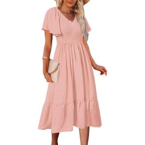 MEROKEETY Women’s Summer Casual V Neck Ruffle Sleeve Smocked High Waist Midi Dress with Pockets(Darkpink)