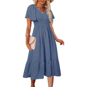 MEROKEETY Women’s Summer Casual V Neck Ruffle Sleeve Smocked High Waist Midi Dress with Pockets(Grayblue)