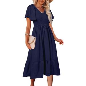 MEROKEETY Women’s Summer Casual V Neck Ruffle Sleeve Smocked High Waist Midi Dress with Pockets(Navy)