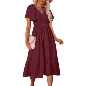 MEROKEETY Women’s Summer Casual V Neck Ruffle Sleeve Smocked High Waist Midi Dress with Pockets(Plum)