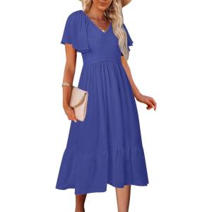 MEROKEETY Women’s Summer Casual V Neck Ruffle Sleeve Smocked High Waist Midi Dress with Pockets(Royal)