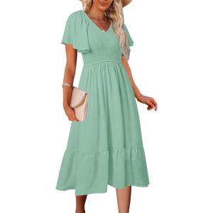 MEROKEETY Women’s Summer Casual V Neck Ruffle Sleeve Smocked High Waist Midi Dress with Pockets(Sage)
