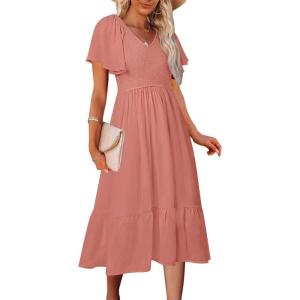 MEROKEETY Women’s Summer Casual V Neck Ruffle Sleeve Smocked High Waist Midi Dress with Pockets(Tearose)