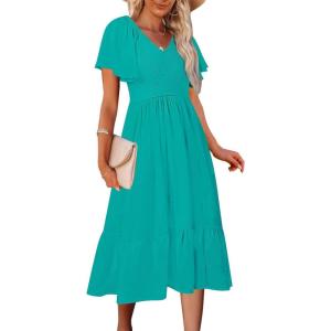 MEROKEETY Women’s Summer Casual V Neck Ruffle Sleeve Smocked High Waist Midi Dress with Pockets(Turquoise)