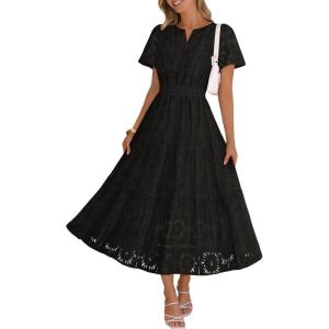 MEROKEETY Women’s Summer Floral Maxi Dress 2026 Spring Boho Vacation Eyelet Lace Short Sleeve A Line Tiered Flowy Dresses(Black)