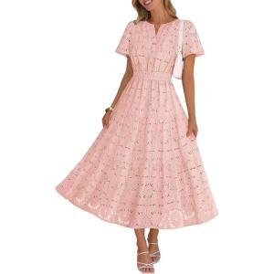 MEROKEETY Women’s Summer Floral Maxi Dress 2026 Spring Boho Vacation Eyelet Lace Short Sleeve A Line Tiered Flowy Dresses(Pink)