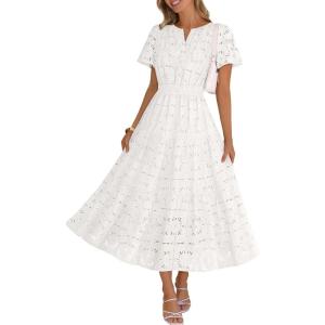 MEROKEETY Women’s Summer Floral Maxi Dress 2026 Spring Boho Vacation Eyelet Lace Short Sleeve A Line Tiered Flowy Dresses(White)