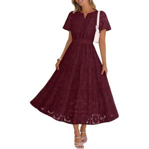 MEROKEETY Women’s Summer Floral Maxi Dress 2026 Spring Boho Vacation Eyelet Lace Short Sleeve A Line Tiered Flowy Dresses(Wine)