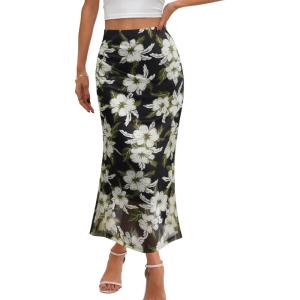 MEROKEETY Women’s Summer Floral Mesh Midi Skirt 2026 Casual Trendy High Waist Ruched Boho Skirts(Black)
