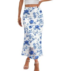 MEROKEETY Women’s Summer Floral Mesh Midi Skirt 2026 Casual Trendy High Waist Ruched Boho Skirts(Blue)