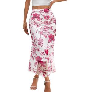 MEROKEETY Women’s Summer Floral Mesh Midi Skirt 2026 Casual Trendy High Waist Ruched Boho Skirts(Floral Pink)