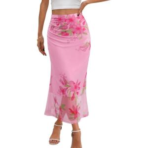 MEROKEETY Women’s Summer Floral Mesh Midi Skirt 2026 Casual Trendy High Waist Ruched Boho Skirts(Pink)