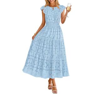 MEROKEETY Women’s Summer Lace Eyelet Maxi Dress 2026 Spring Casual Boho Flutter Sleeve Tiered Flowy Beach Vacation Dresses(Blue)