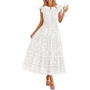 MEROKEETY Women’s Summer Lace Eyelet Maxi Dress 2026 Spring Casual Boho Flutter Sleeve Tiered Flowy Beach Vacation Dresses(White)