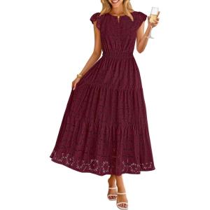 MEROKEETY Women’s Summer Lace Eyelet Maxi Dress 2026 Spring Casual Boho Flutter Sleeve Tiered Flowy Beach Vacation Dresses(Wine)