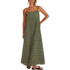 MEROKEETY Women’s Summer Spaghetti Straps Sundress 2026 Casual Sleeveless Floral Lace Eyelet Boho Beach Maxi Dress(Army)