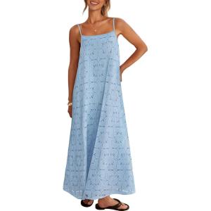 MEROKEETY Women’s Summer Spaghetti Straps Sundress 2026 Casual Sleeveless Floral Lace Eyelet Boho Beach Maxi Dress(Blue)