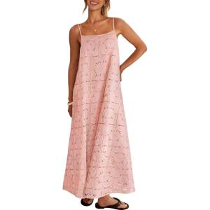 MEROKEETY Women’s Summer Spaghetti Straps Sundress 2026 Casual Sleeveless Floral Lace Eyelet Boho Beach Maxi Dress(Pink)